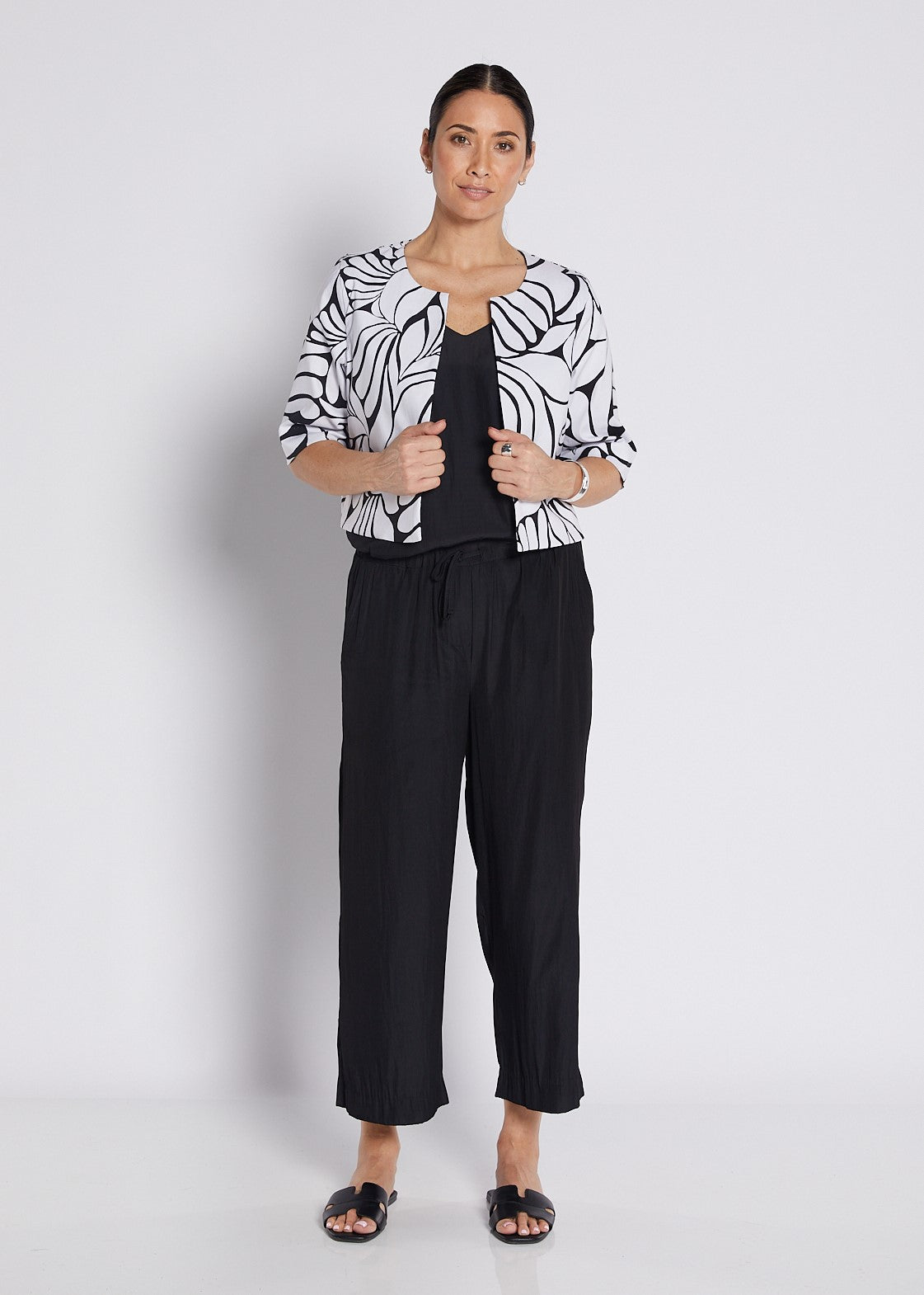 Bengaline Printed Panelled Crop Jacket in Black and White Print