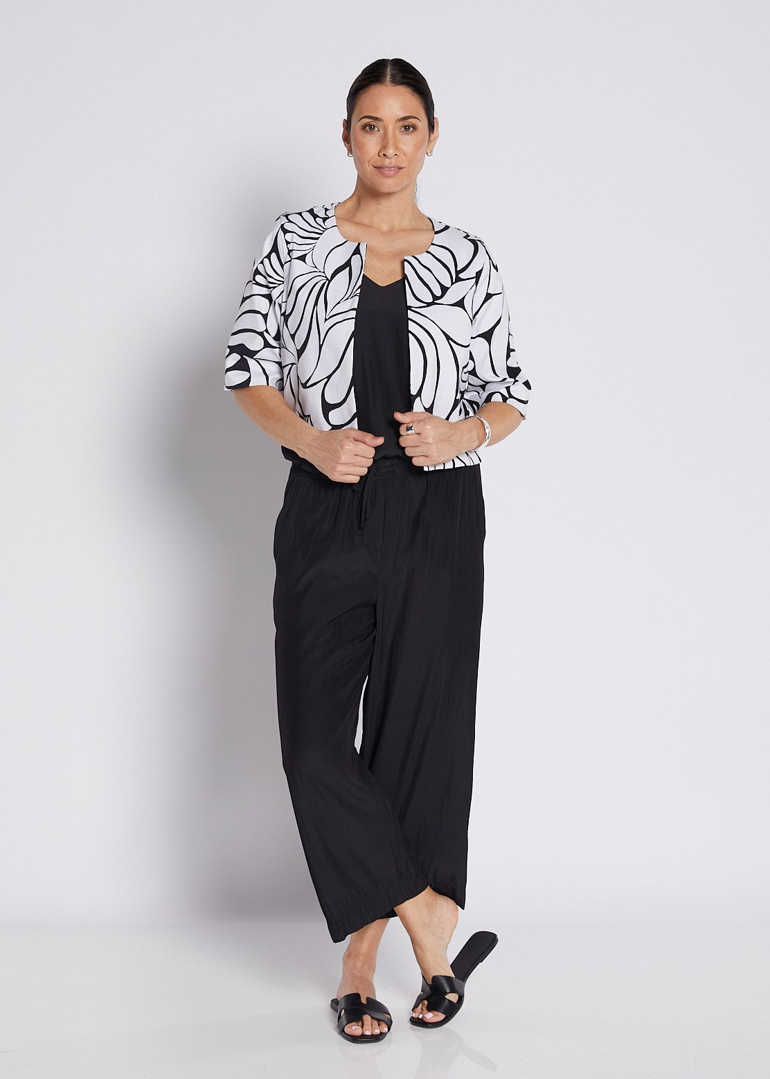 Bengaline Printed Panelled Crop Jacket in Black and White Print