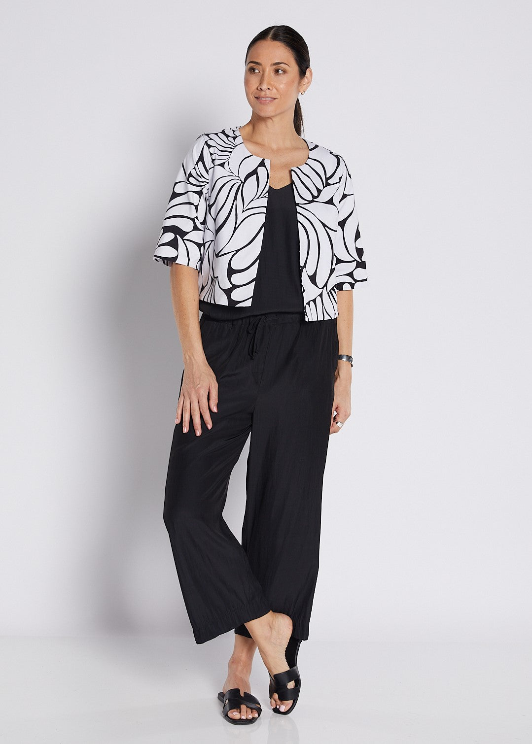 Bengaline Printed Panelled Crop Jacket in Black and White Print