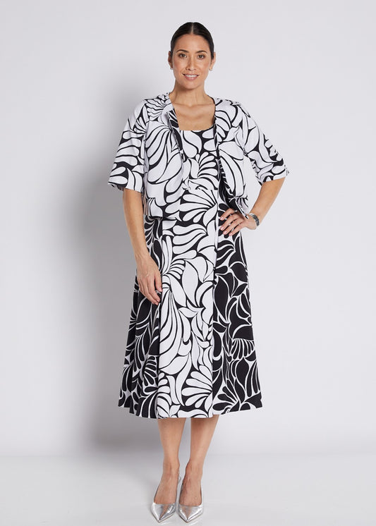 Bengaline Printed Panelled Sleeveless Pocket Dress in Black and White Print