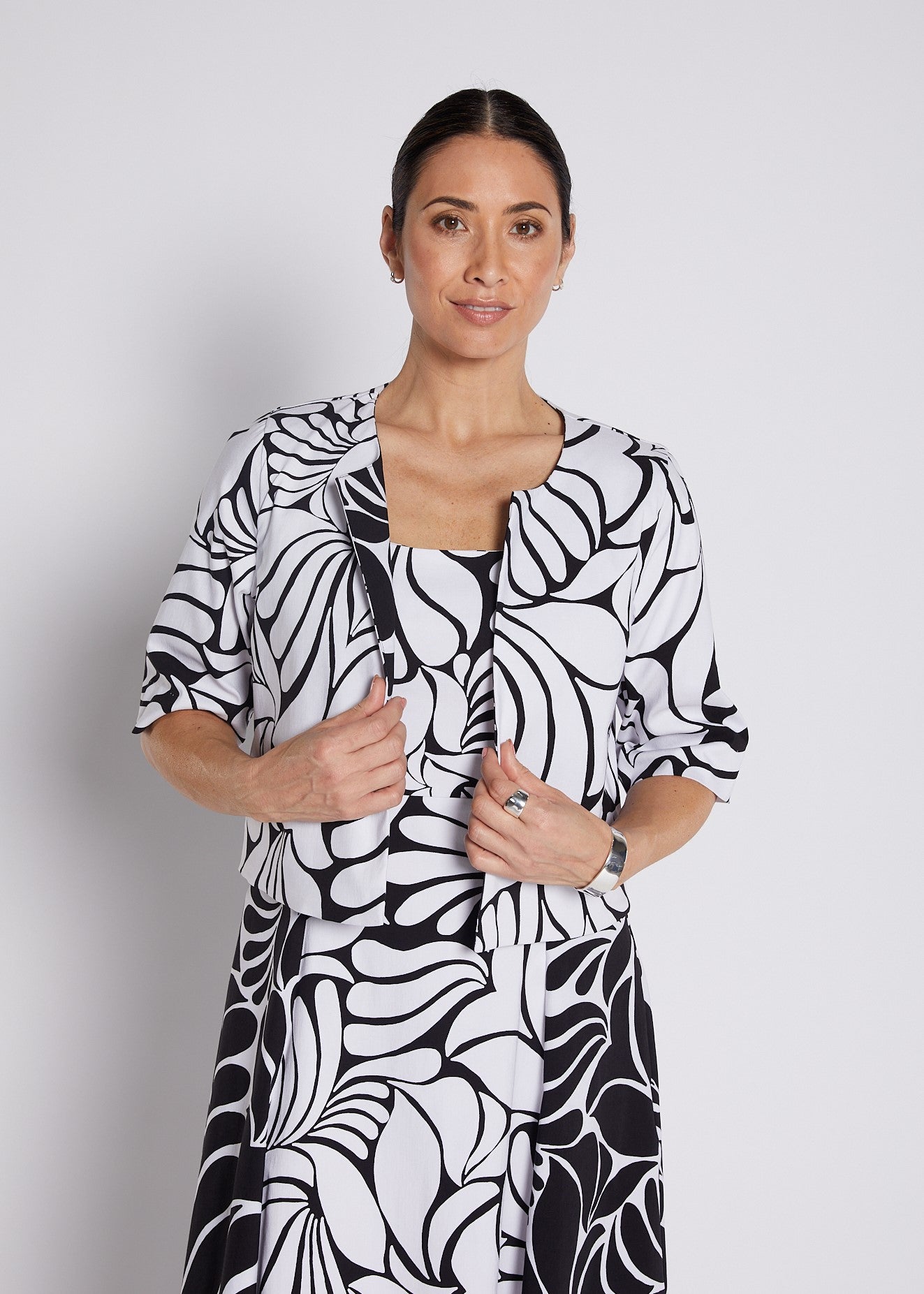 Bengaline Printed Panelled Crop Jacket in Black and White Print