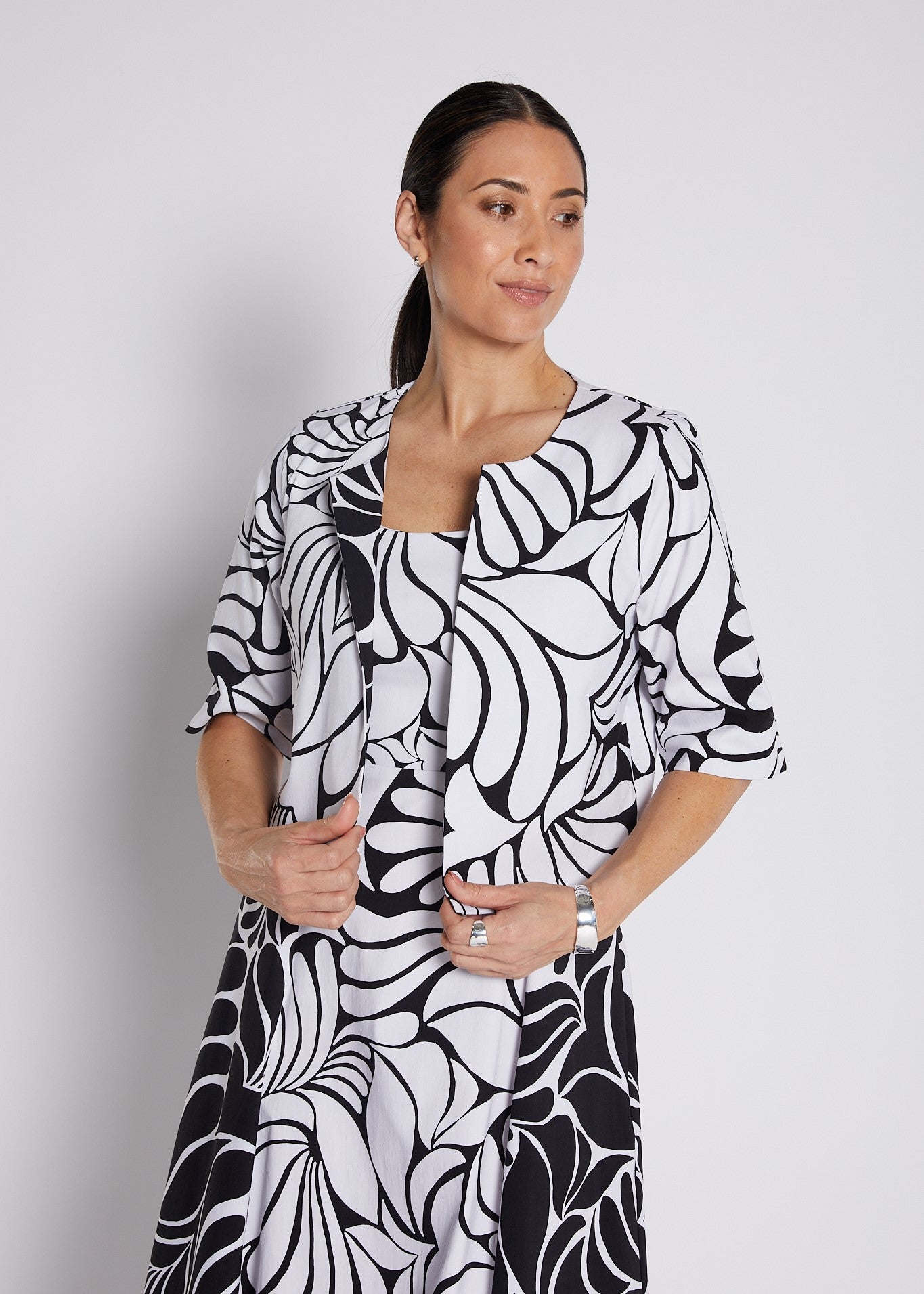 Bengaline Printed Panelled Crop Jacket in Black and White Print