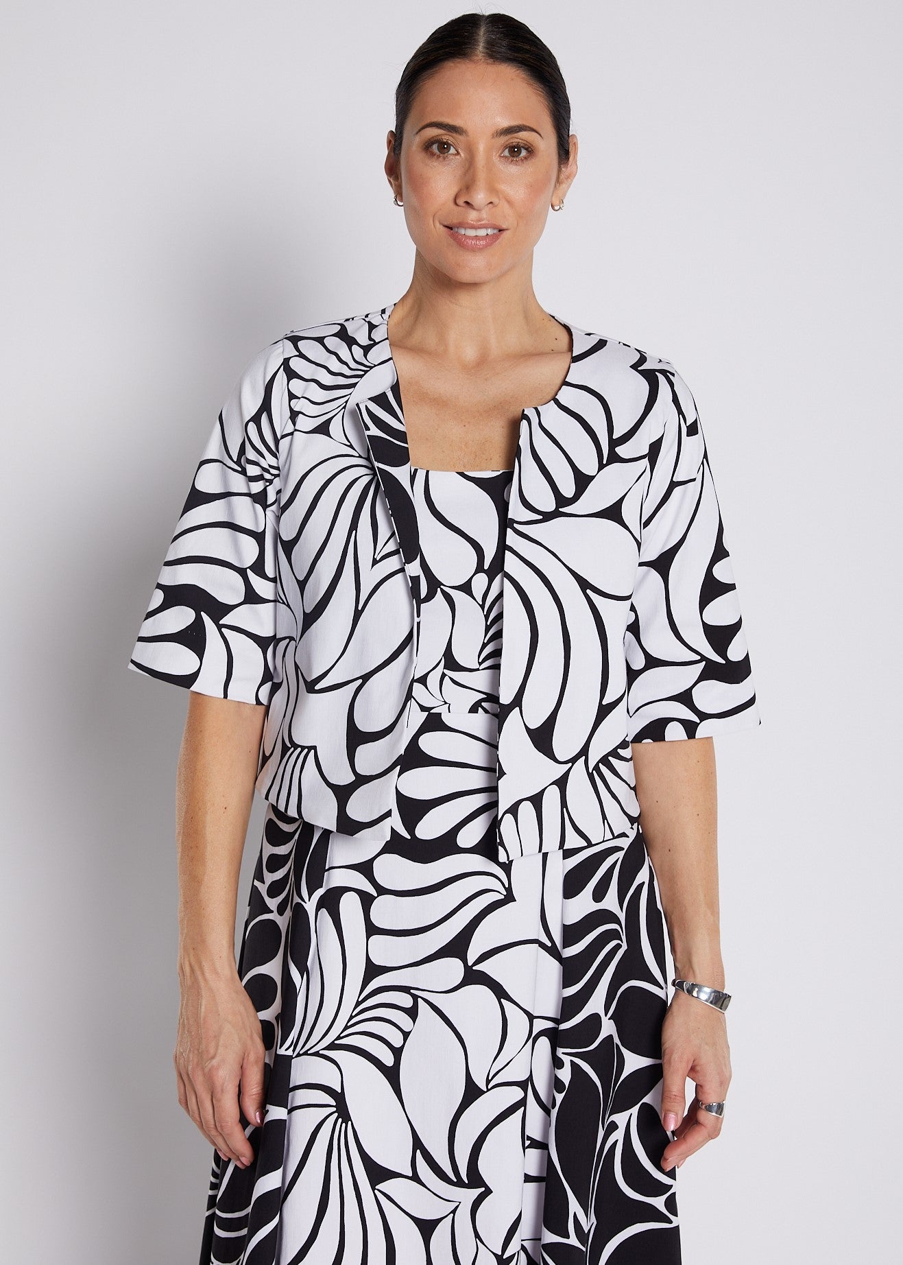 Bengaline Printed Panelled Crop Jacket in Black and White Print