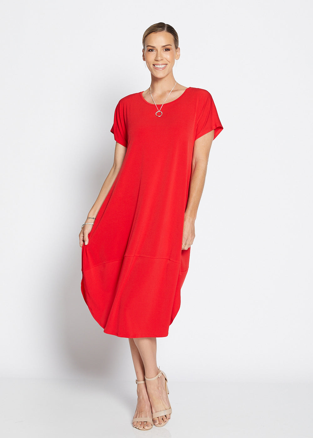 Philosophy Australia Fizz Foundation slinky jersey T shirt midi dress in red, made in Australia