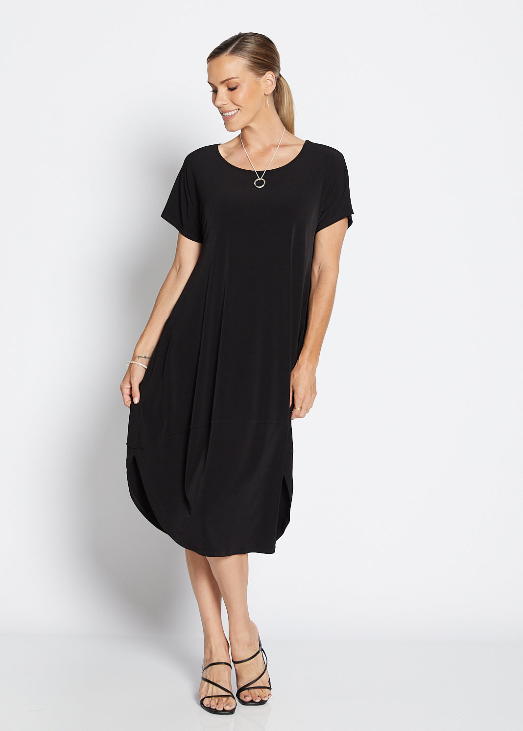 Philosophy Australia Fizz Foundation slinky jersey T shirt midi dress in black, made in Australia