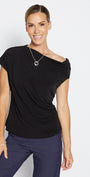Philosophy Australia Kimba Foundation slinky jersey draped off shoulder top in black, sustainable slow fashion made in Australia