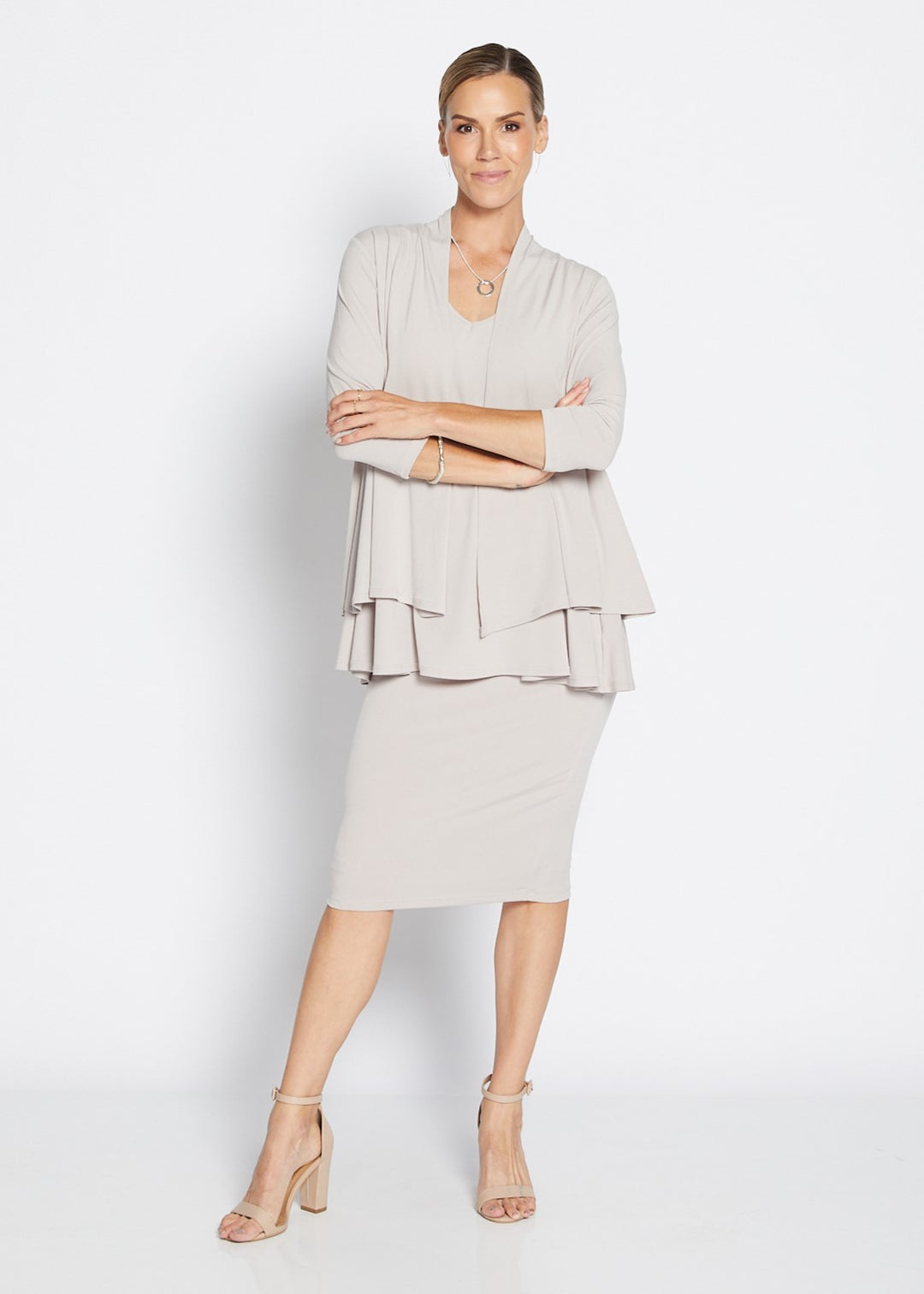 Twins Foundation slinky jersey swing jacket and tank set in champagne