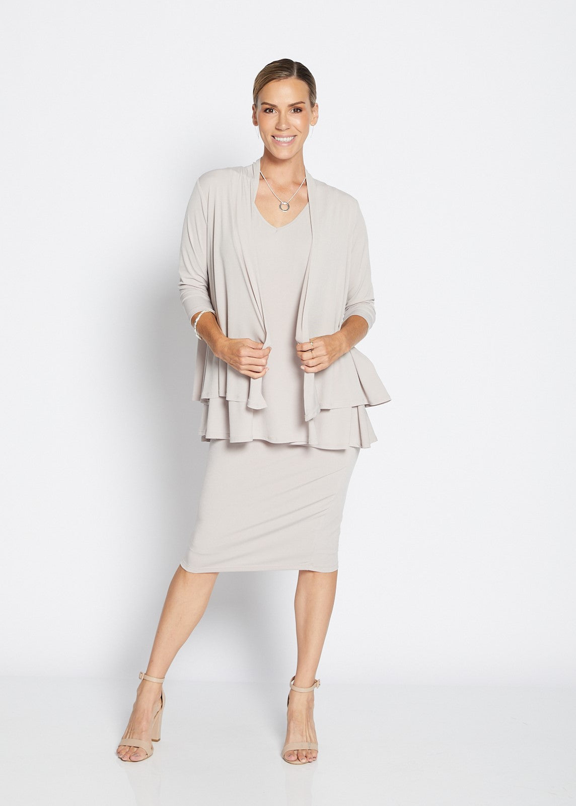 Twins Foundation slinky jersey swing jacket and tank set in champagne