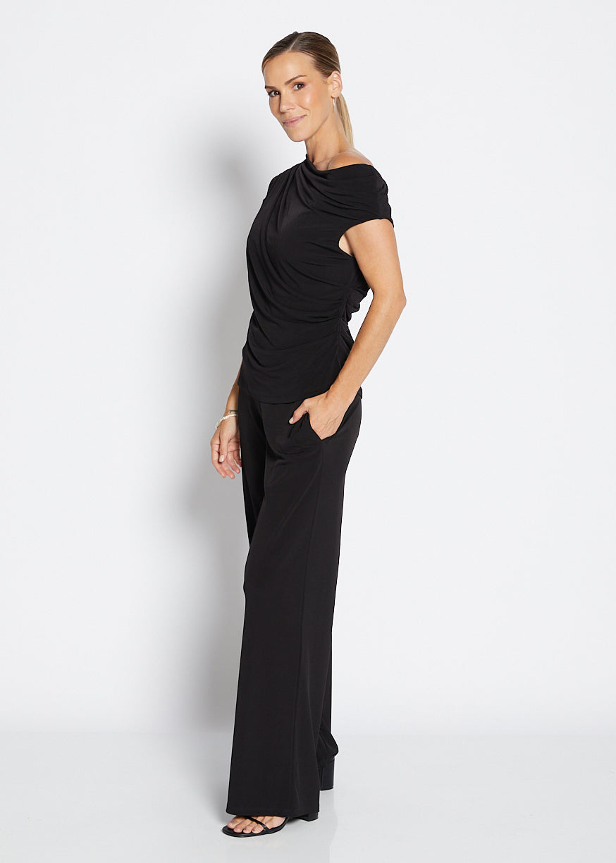 Philosophy Australia Kimba Foundation slinky jersey draped off shoulder top in black, sustainable slow fashion made in Australia