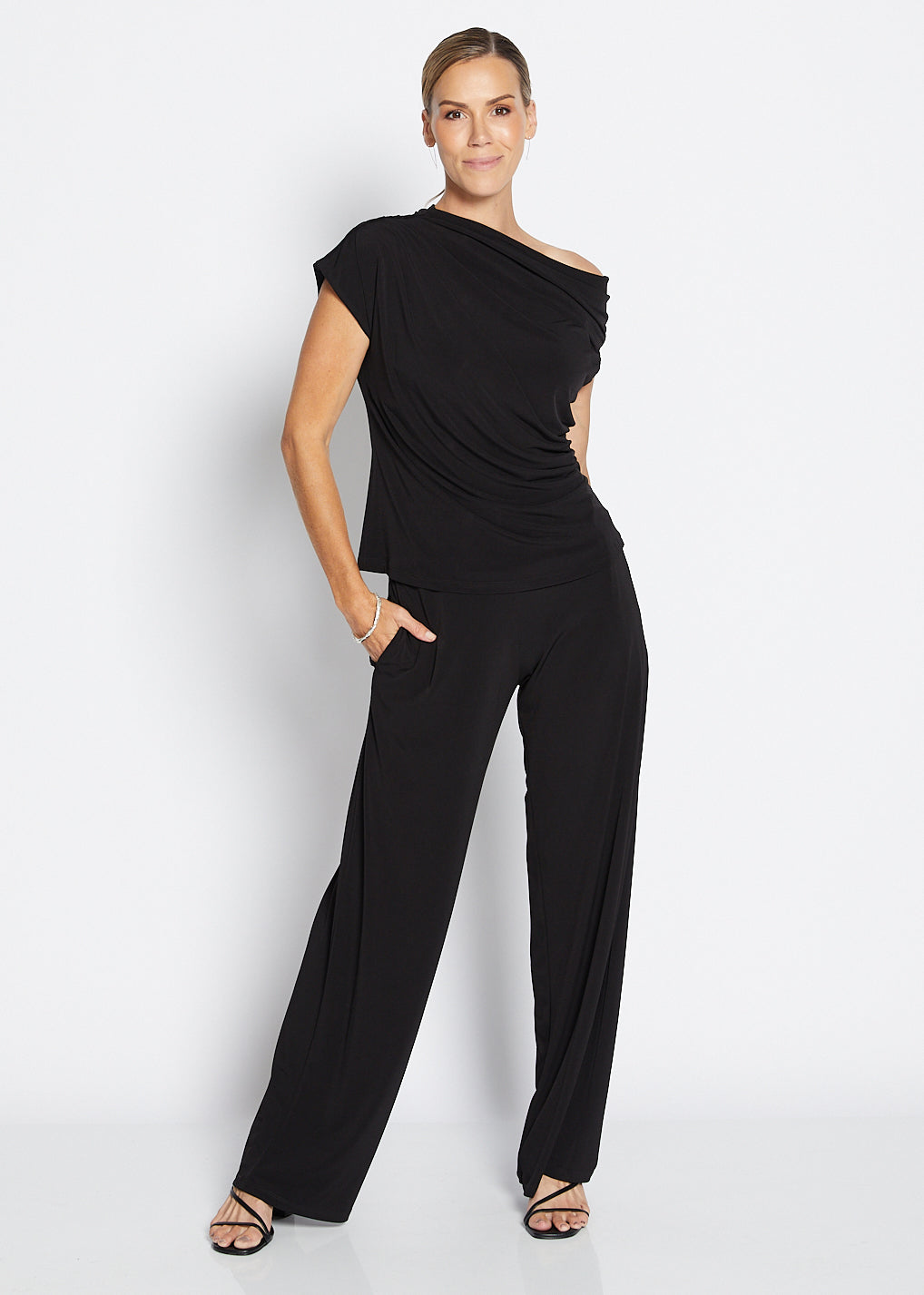 Philosophy Australia Kimba Foundation slinky jersey draped off shoulder top in black, sustainable slow fashion made in Australia