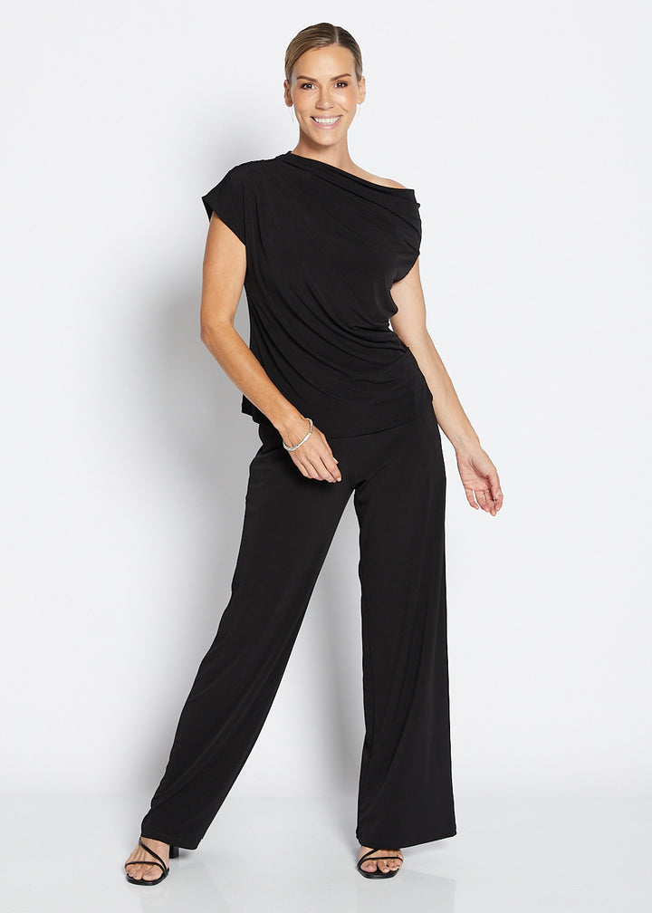 Philosophy Australia Kimba Foundation slinky jersey draped off shoulder top in black, sustainable slow fashion made in Australia