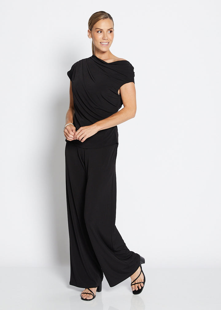 Philosophy Australia Kimba Foundation slinky jersey draped off shoulder top in black, sustainable slow fashion made in Australia