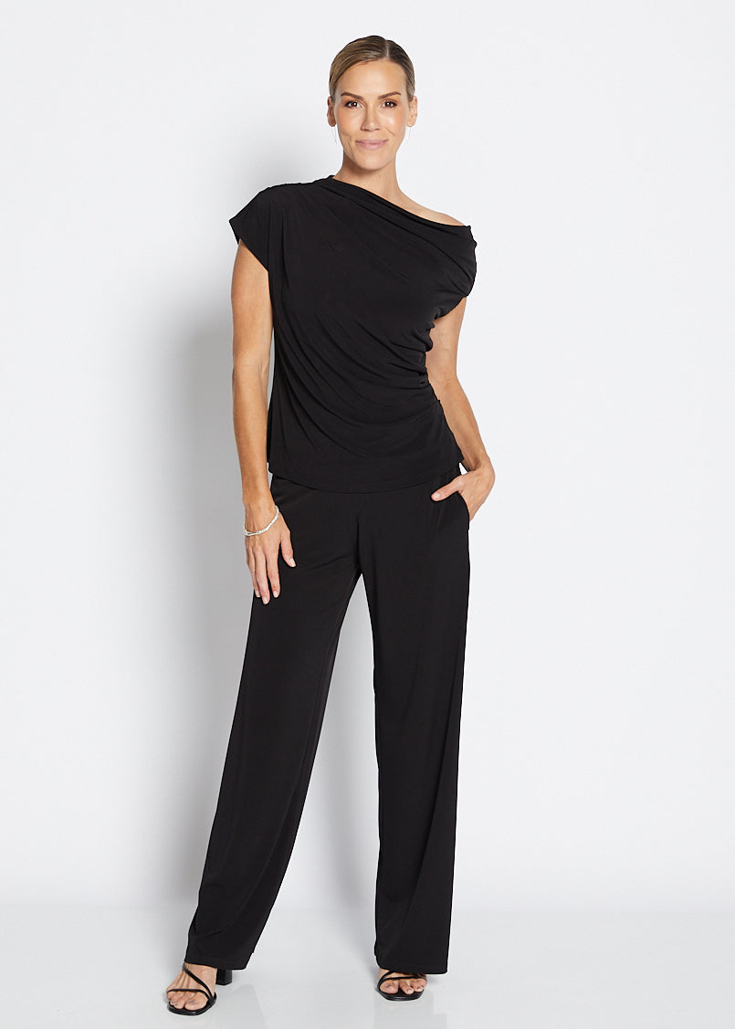 Philosophy Australia Kimba Foundation slinky jersey draped off shoulder top in black, sustainable slow fashion made in Australia