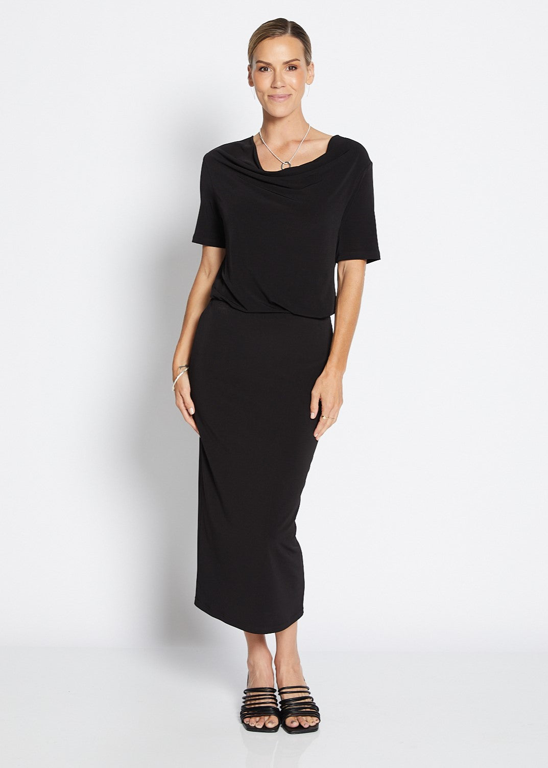 Tina Foundation slinky jersey midi tube skirt in black