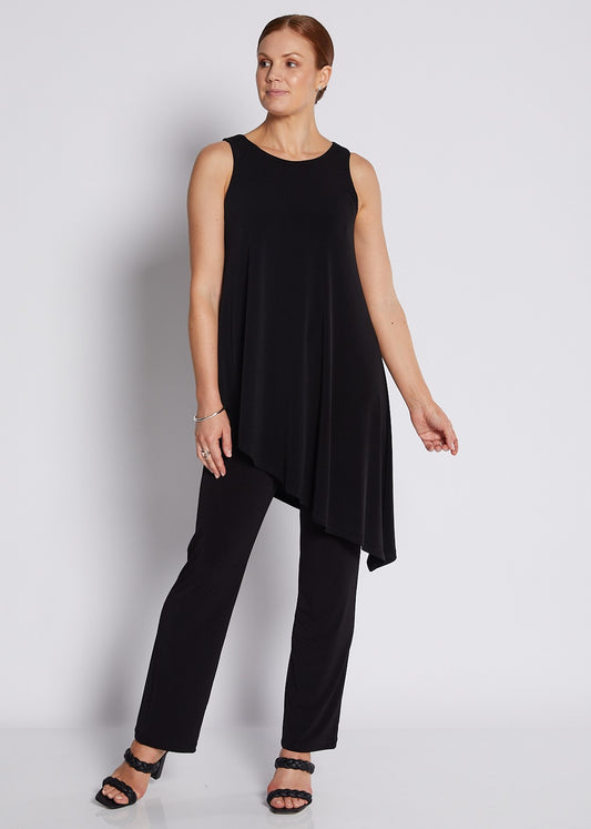 Jersey Sleeveless Asymmetric Long Line Top in Black