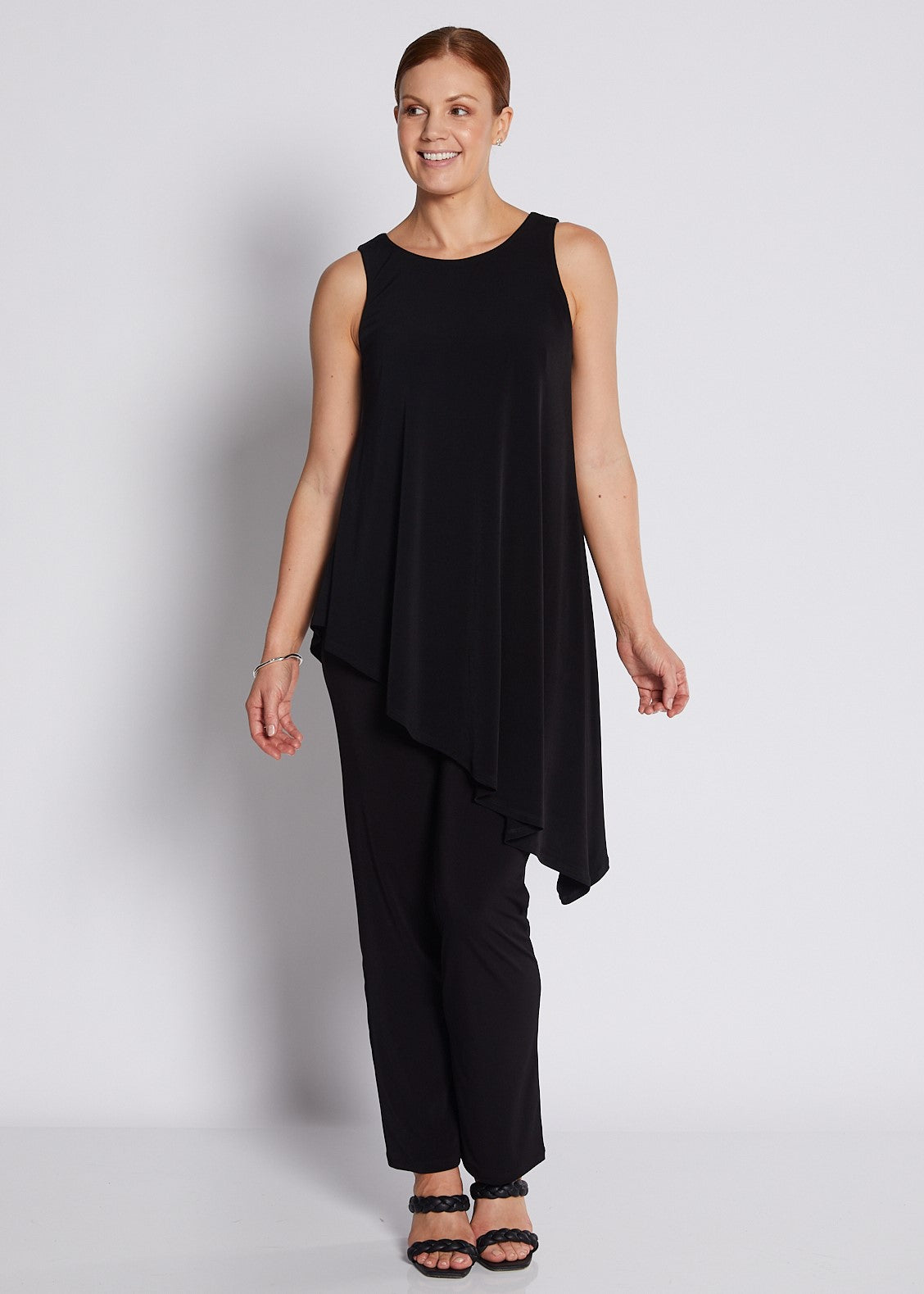 Jersey Sleeveless Asymmetric Long Line Top in Black