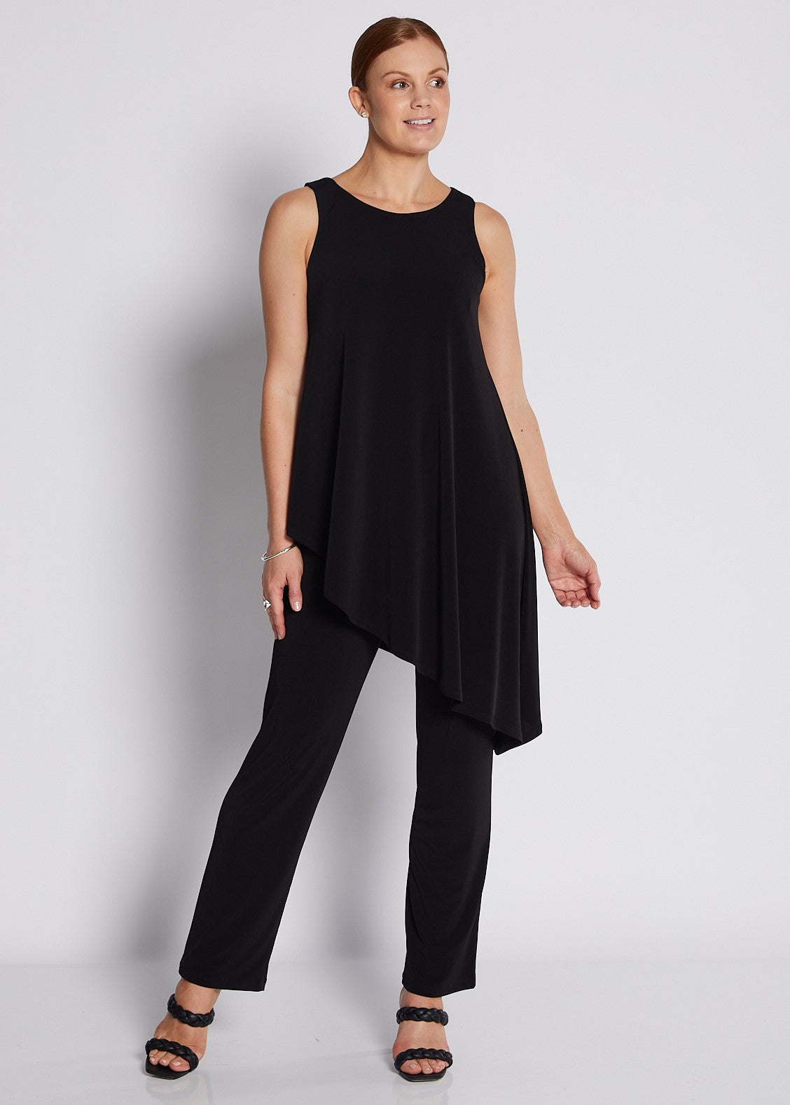 Jersey Sleeveless Asymmetric Long Line Top in Black