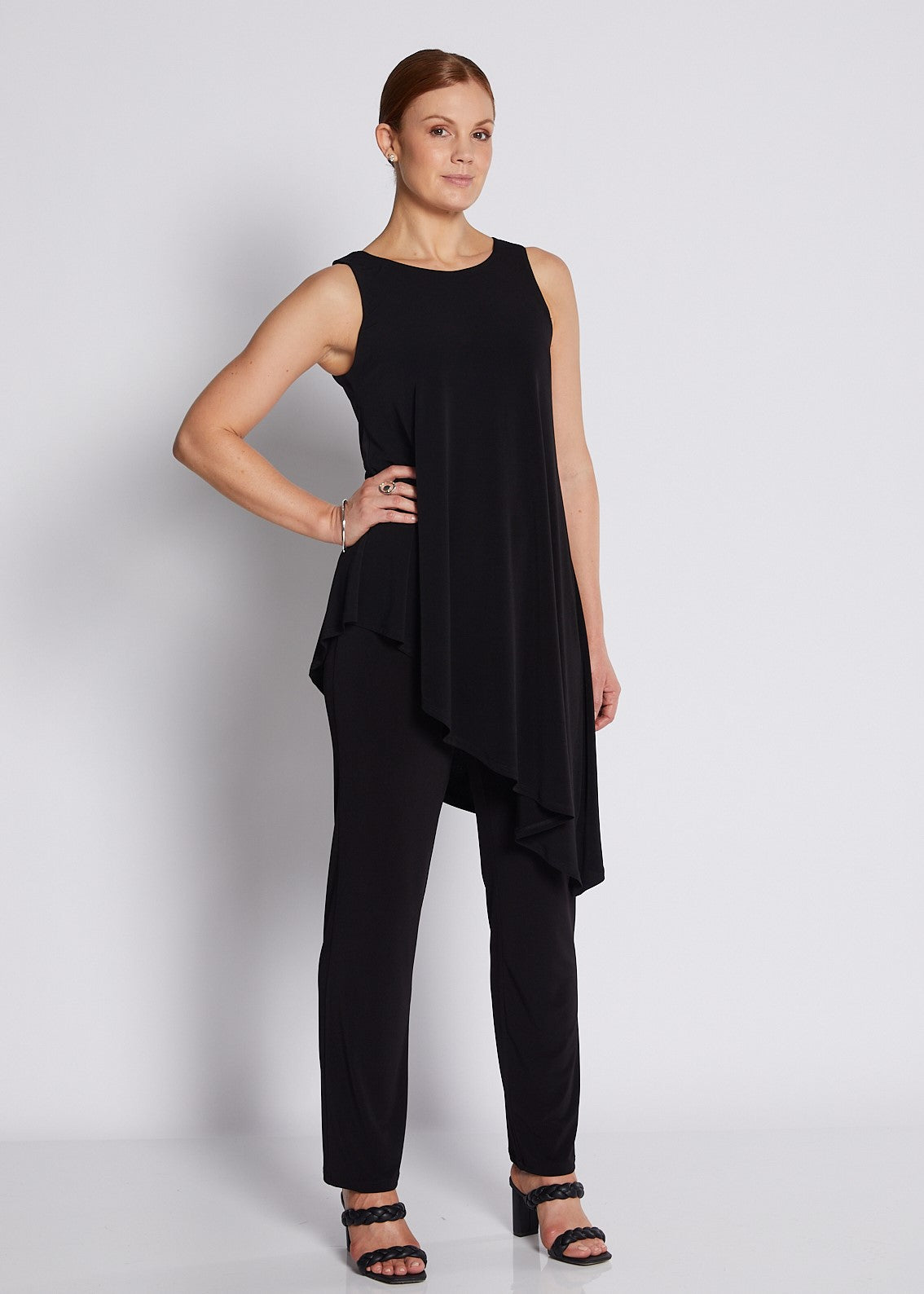 Jersey Sleeveless Asymmetric Long Line Top in Black