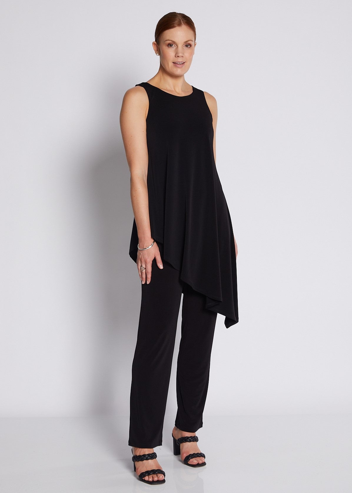 Jersey Sleeveless Asymmetric Long Line Top in Black
