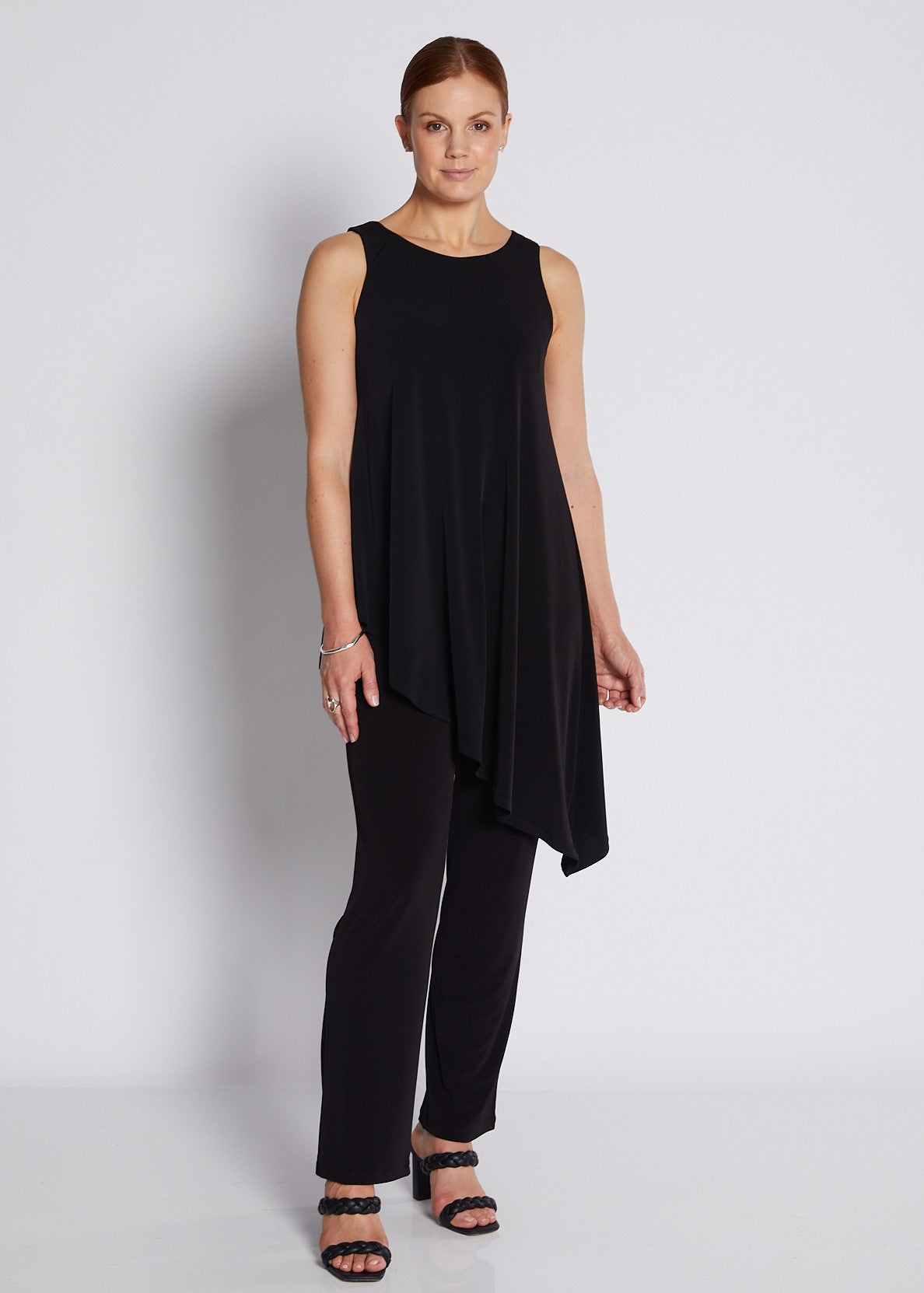 Jersey Sleeveless Asymmetric Long Line Top in Black