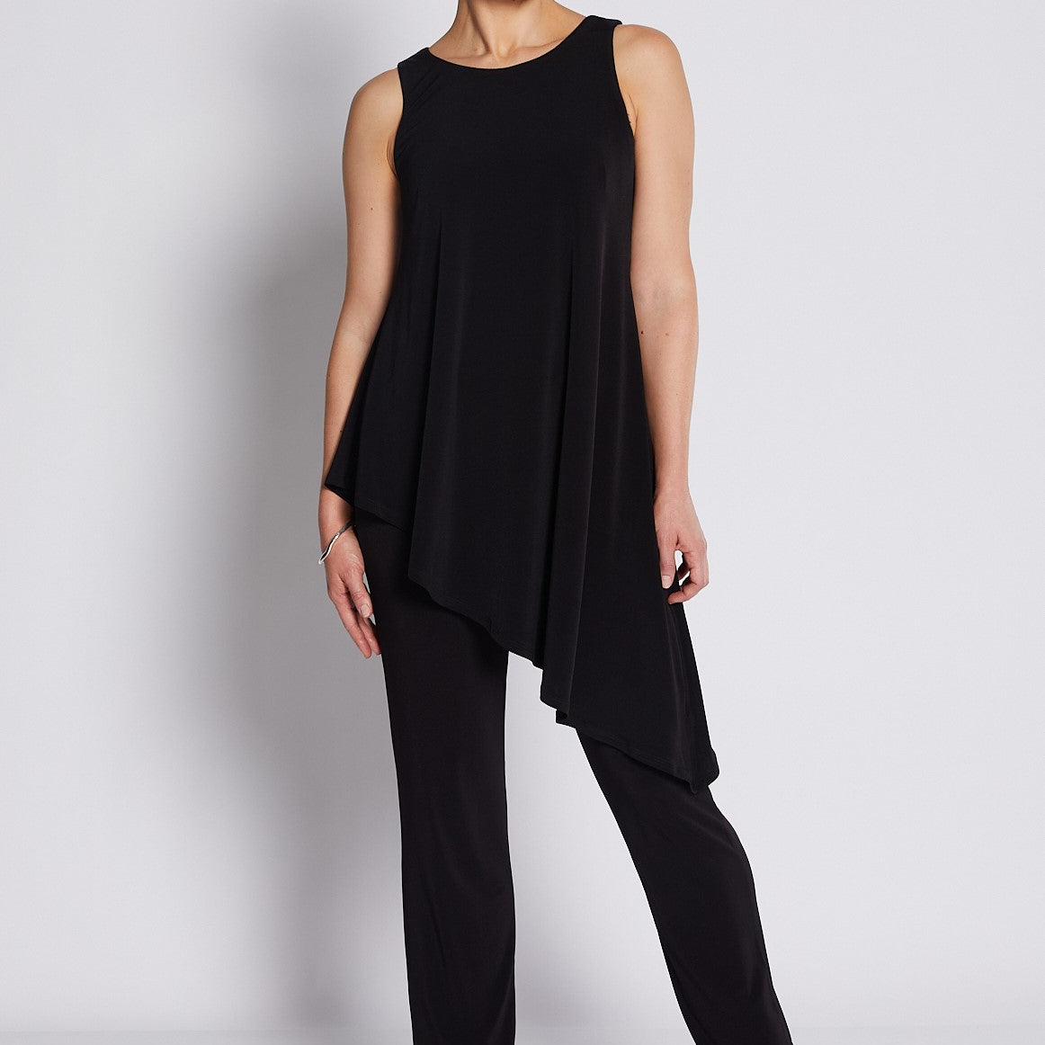 Jersey Sleeveless Asymmetric Long Line Top in Black
