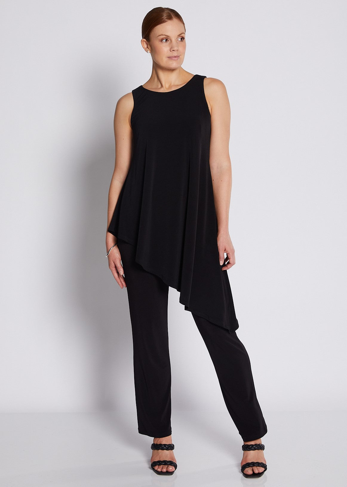 Jersey Sleeveless Asymmetric Long Line Top in Black