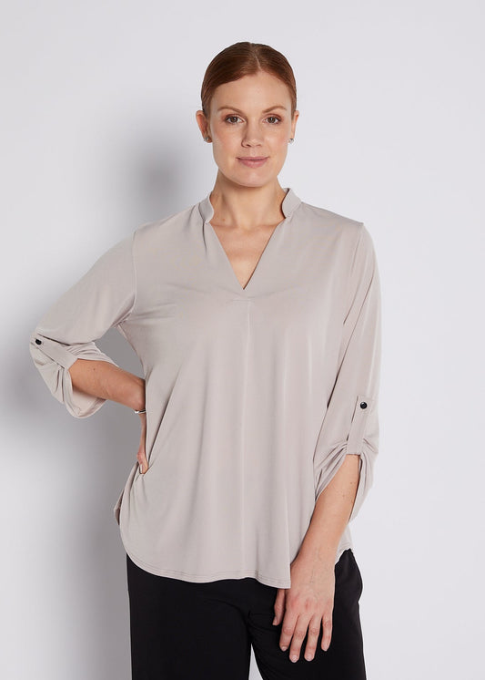 Jersey Nehru Collar V Neck Tabbed Sleeve Blouse in Champagne