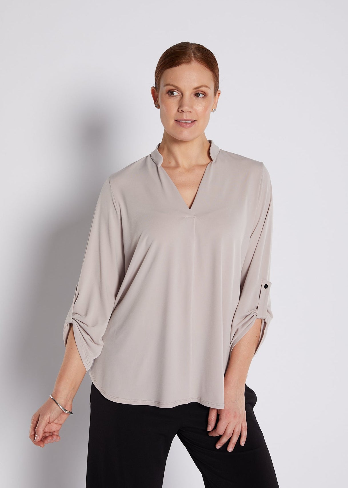 Jersey Nehru Collar V Neck Tabbed Sleeve Blouse in Champagne