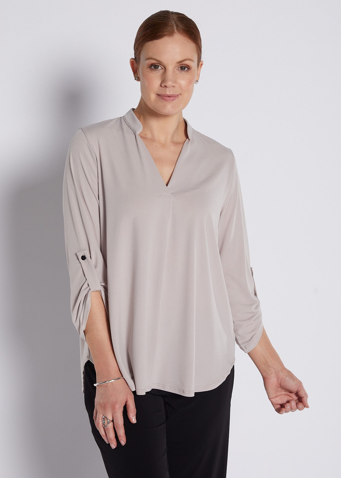 Jersey Nehru Collar V Neck Tabbed Sleeve Blouse in Champagne