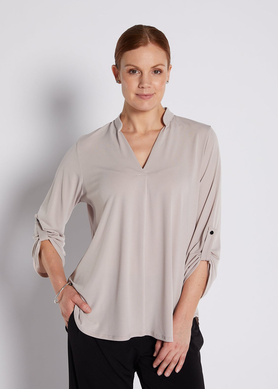 Jersey Nehru Collar V Neck Tabbed Sleeve Blouse in Champagne