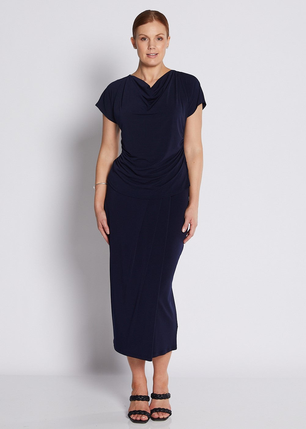 Jersey Wrap Midi Tube Skirt in Navy