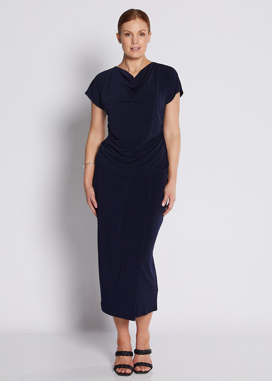 Jersey Wrap Midi Tube Skirt in Navy
