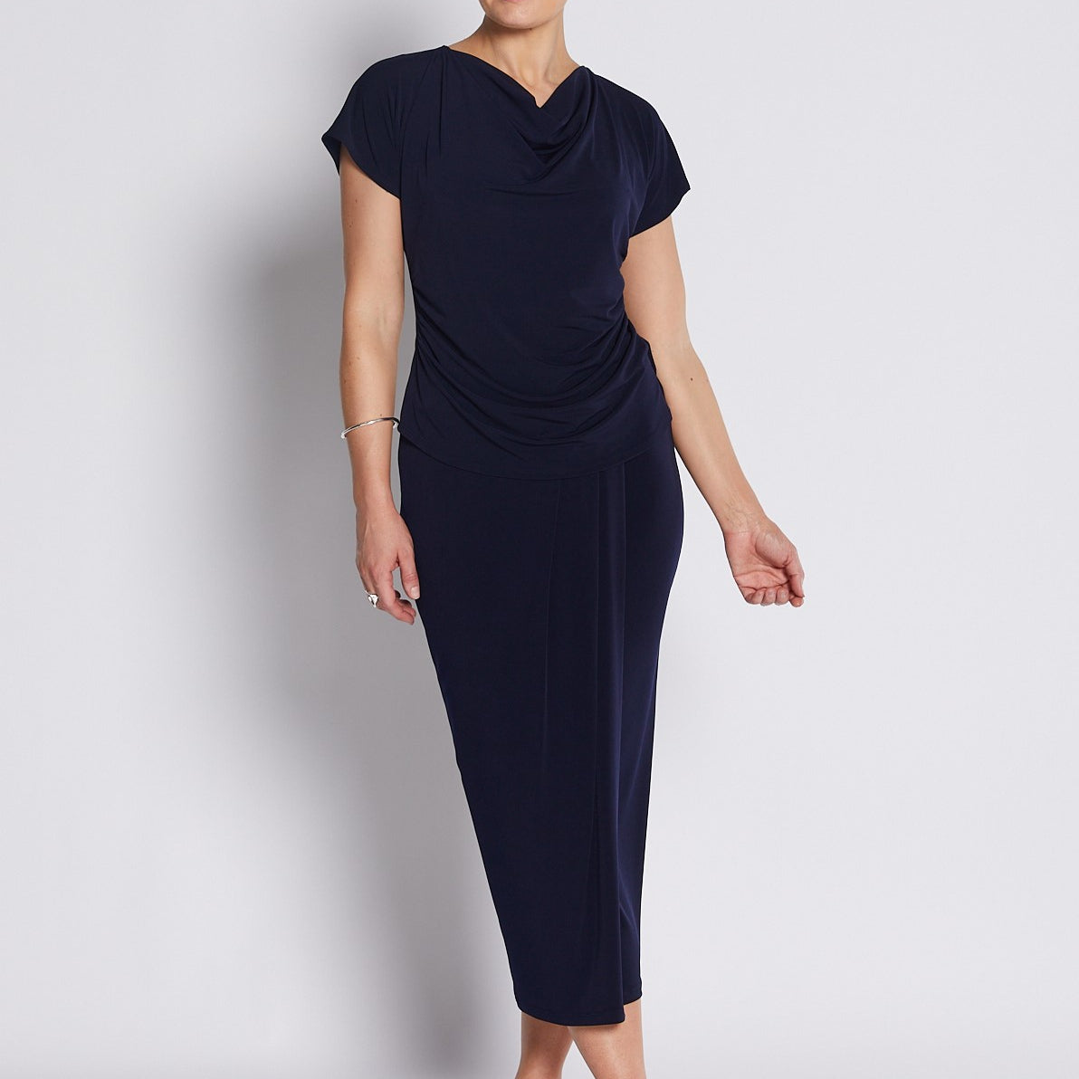 Jersey Wrap Midi Tube Skirt in Navy