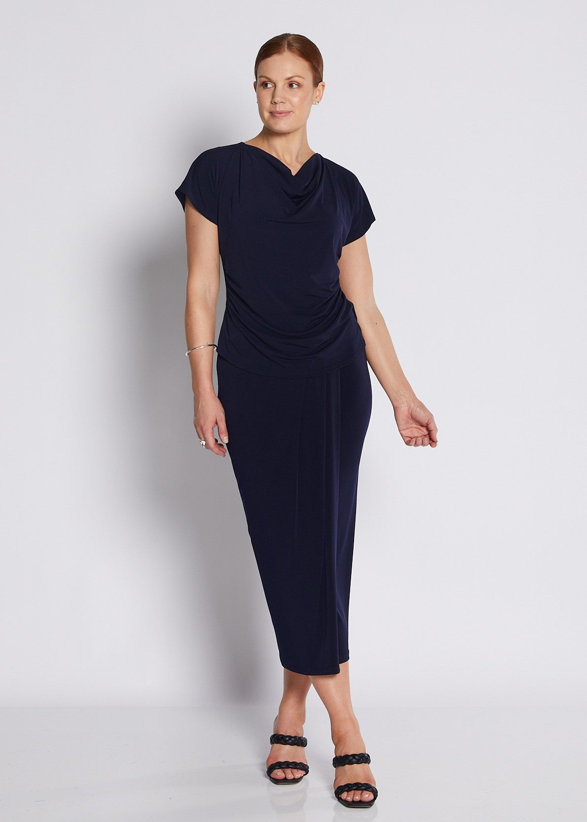 Jersey Wrap Midi Tube Skirt in Navy