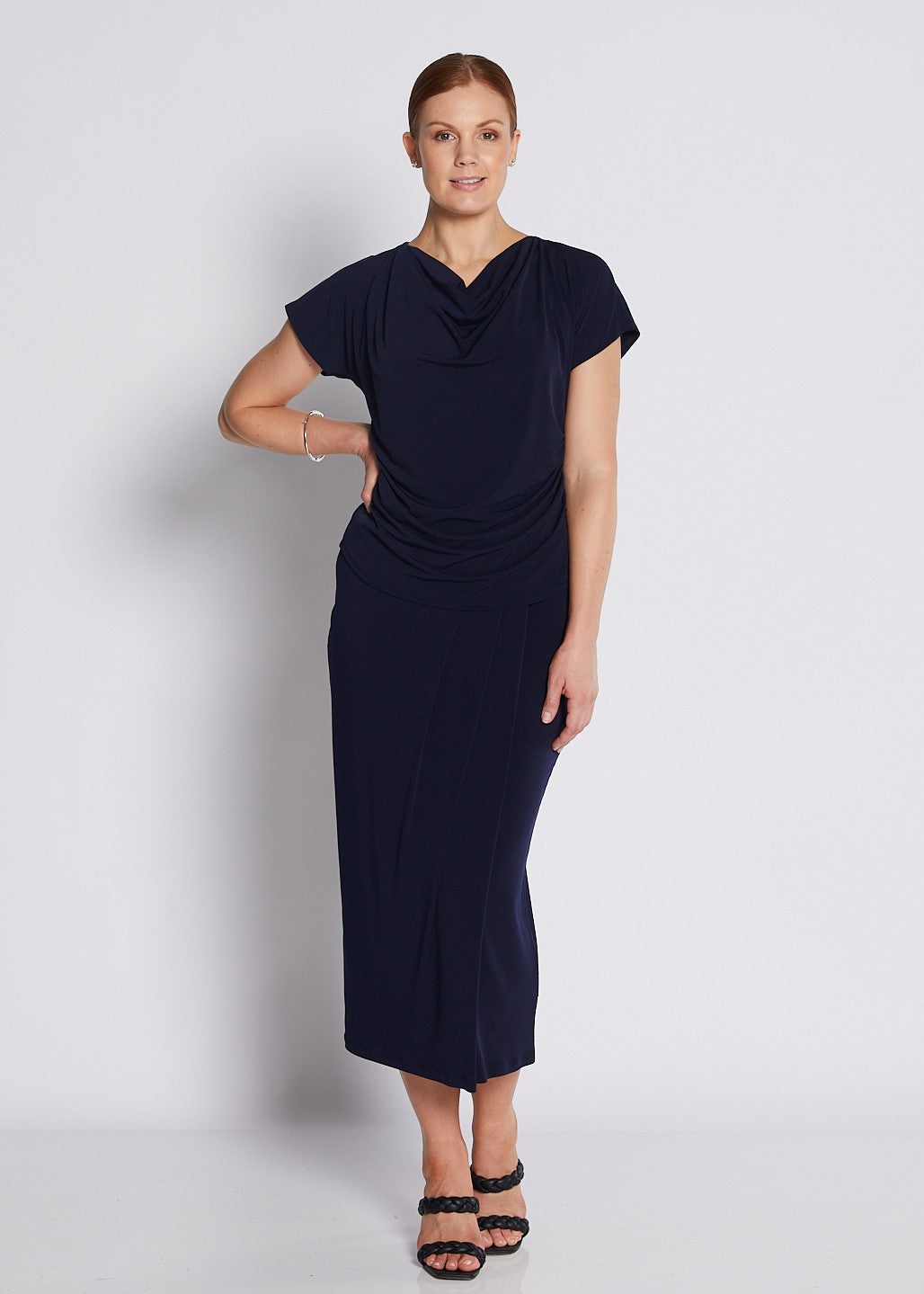 Jersey Wrap Midi Tube Skirt in Navy