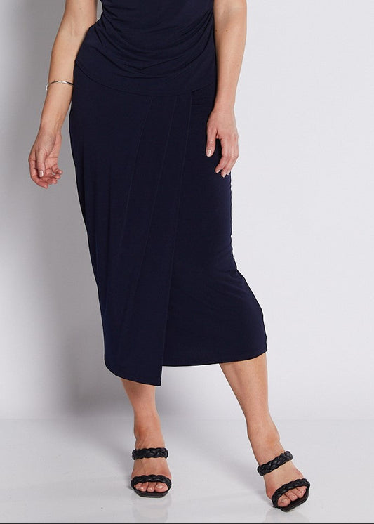 Jersey Wrap Midi Tube Skirt in Navy