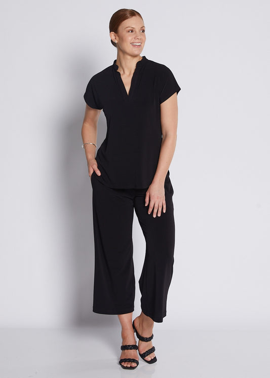 Jersey Nehru Collar V Neck Short Sleeve Top in Black