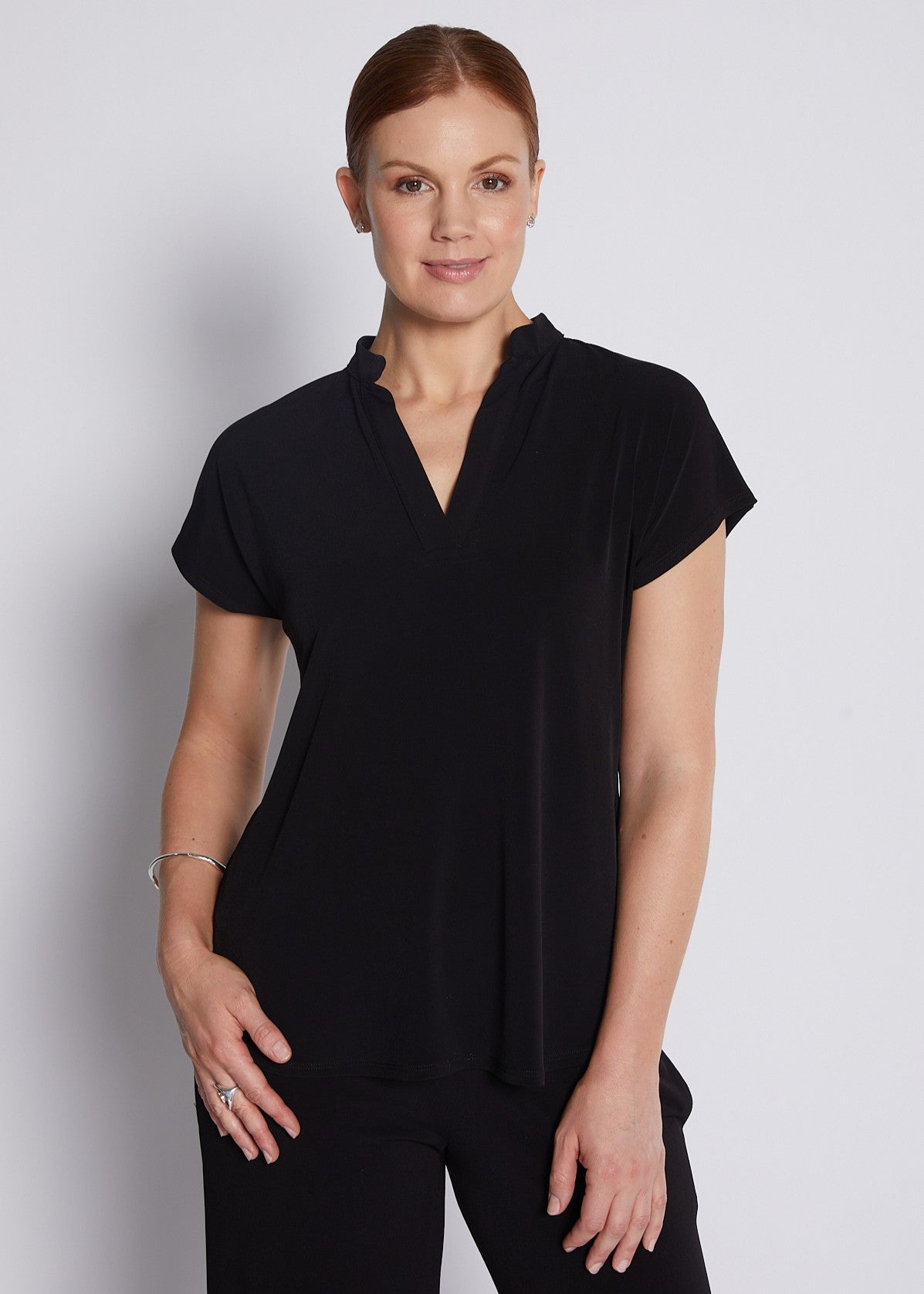 Jersey Nehru Collar V Neck Short Sleeve Top in Black