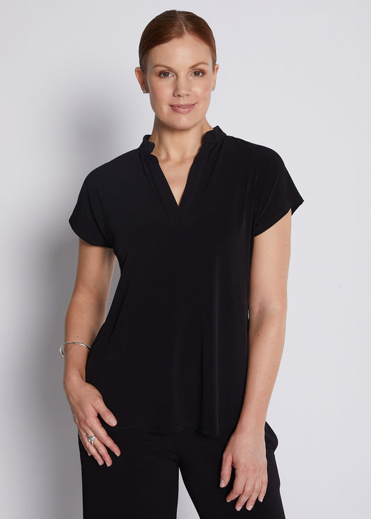 Jersey Nehru Collar V Neck Short Sleeve Top in Black