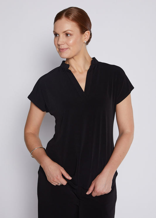 Jersey Nehru Collar V Neck Short Sleeve Top in Black