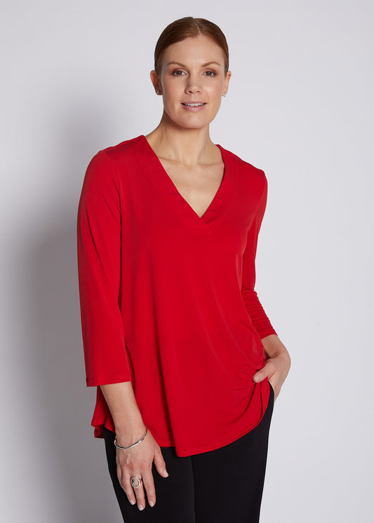 Jersey V Neck Swing Top in Red