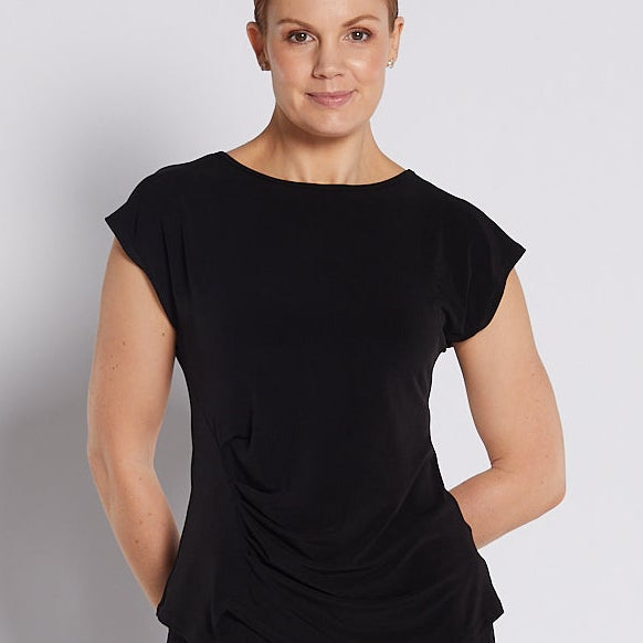 Jersey Tuck Detail Boatneck Short Sleeve Top in Black