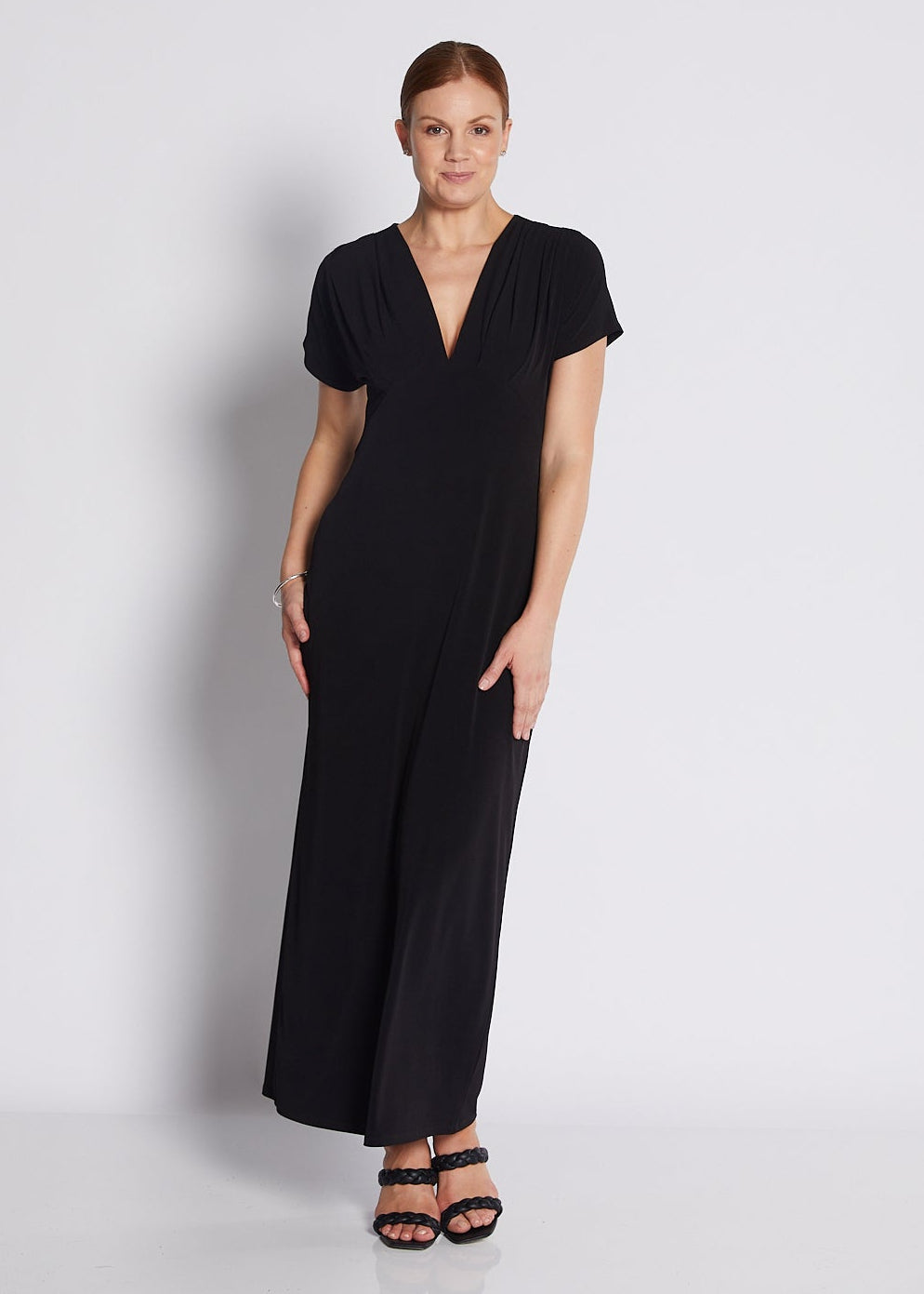 Jersey V Neck Plunge Maxi Dress in Black