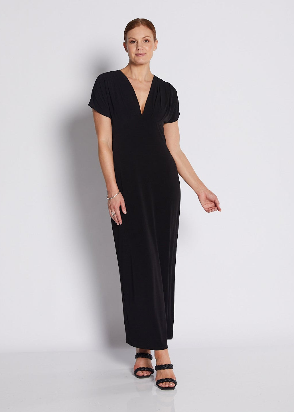 Jersey V Neck Plunge Maxi Dress in Black