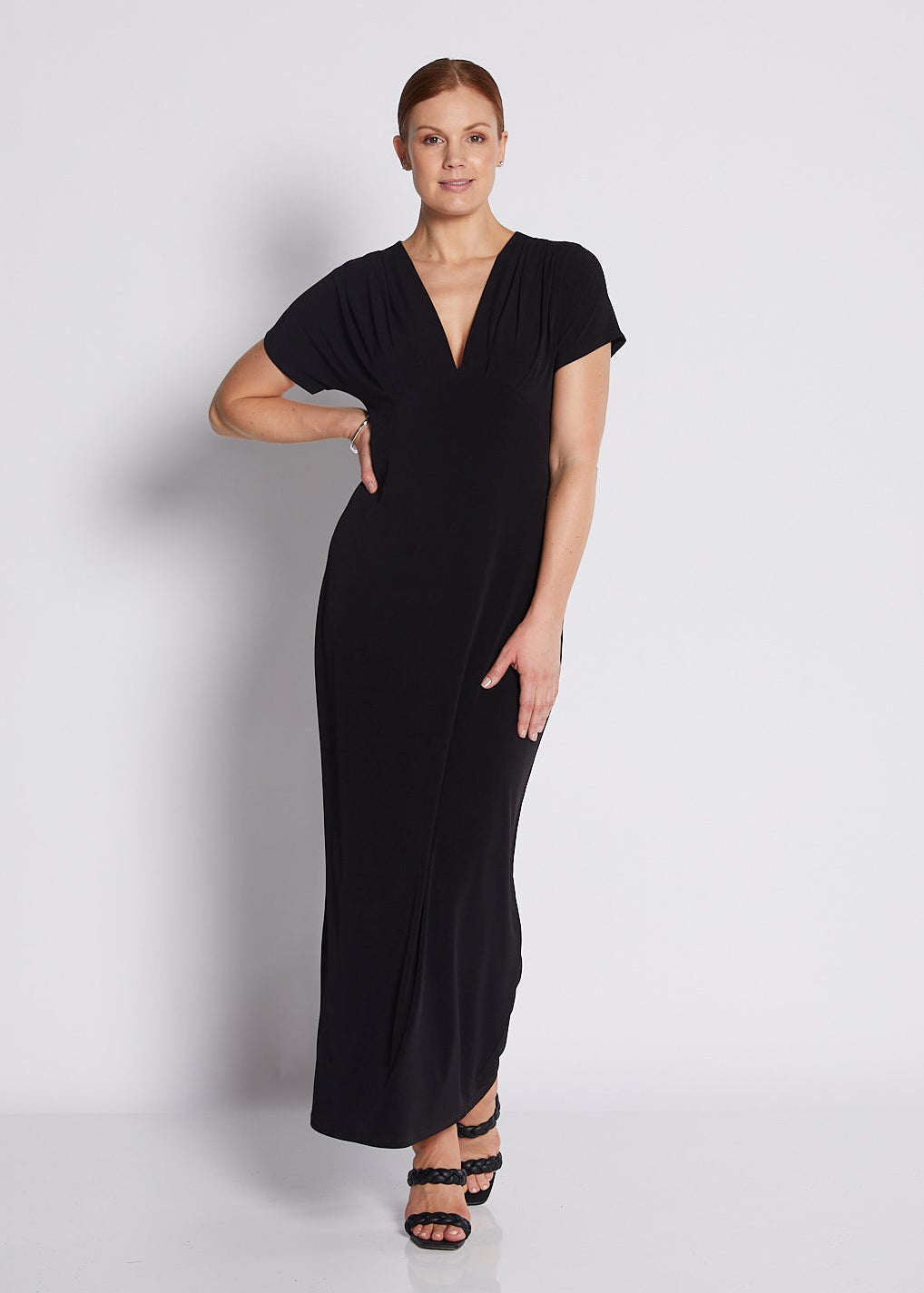 Jersey V Neck Plunge Maxi Dress in Black