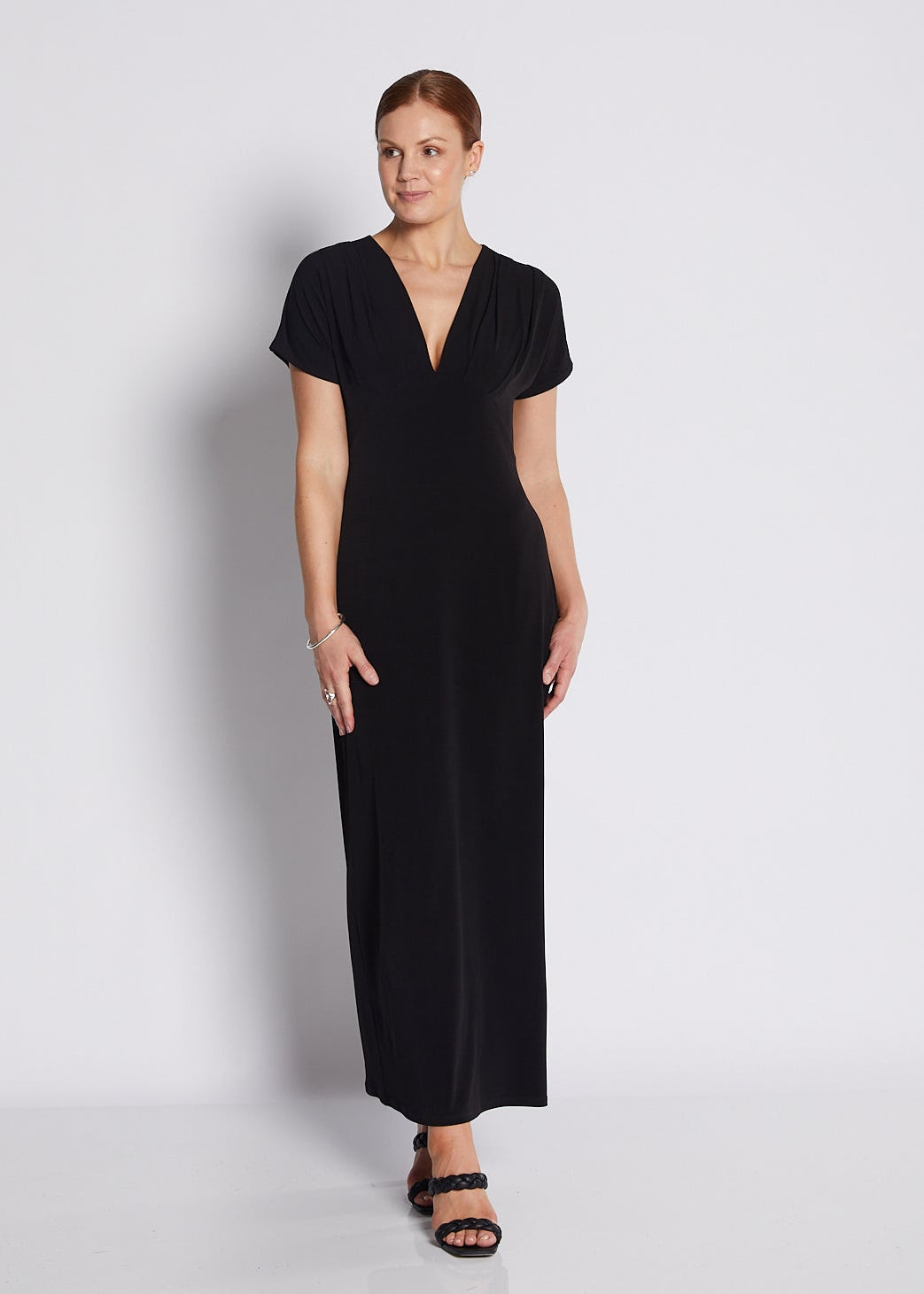 Jersey V Neck Plunge Maxi Dress in Black
