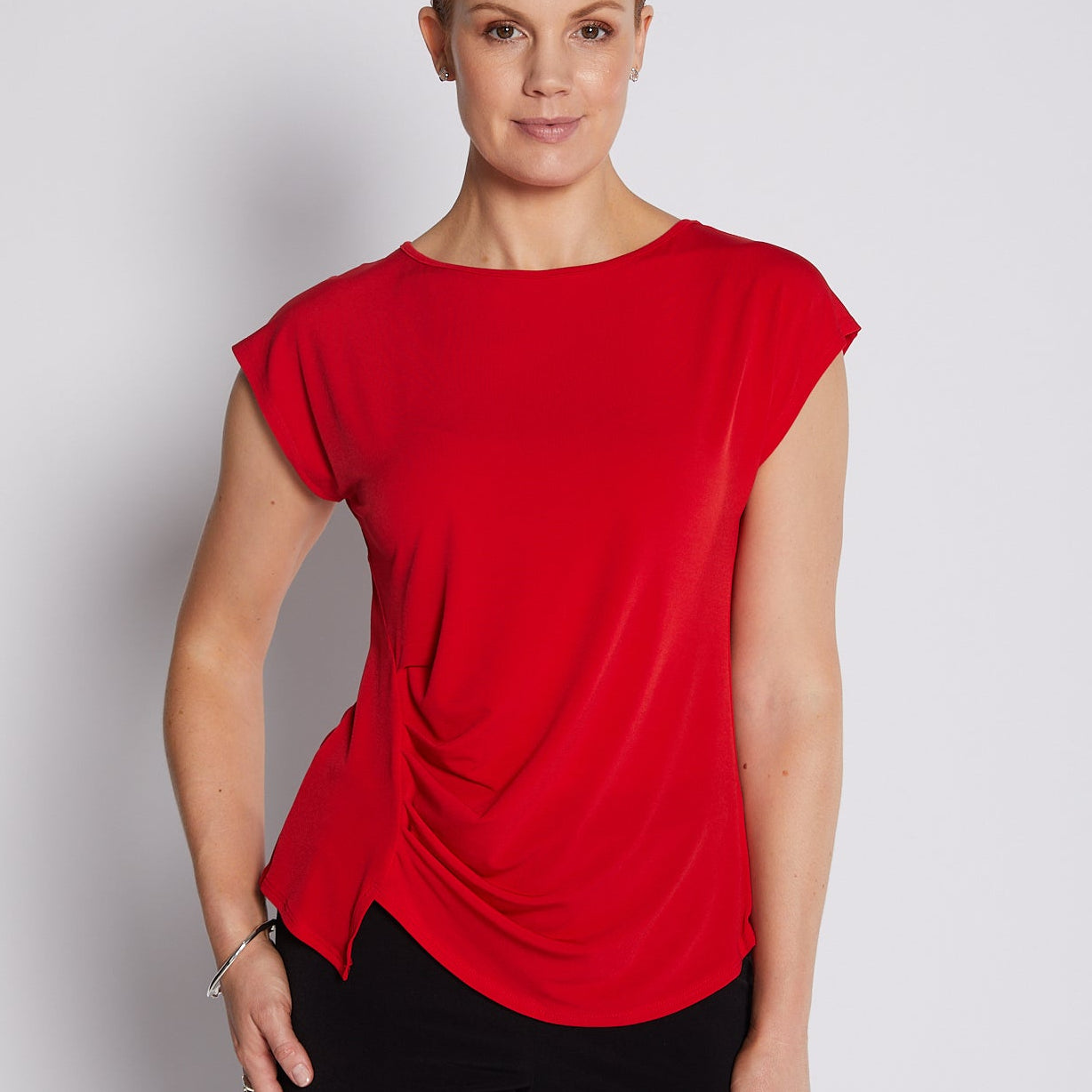 Jersey Tuck Detail Boatneck Short Sleeve Top in Red