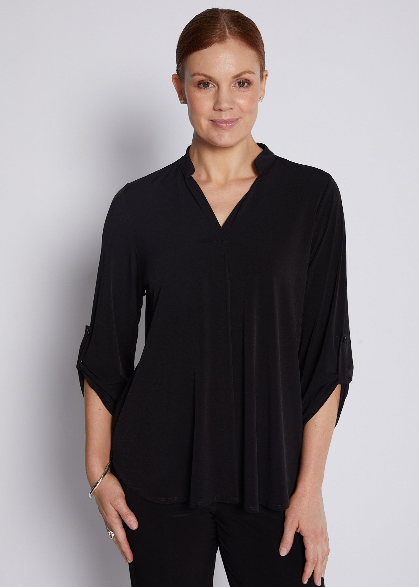 Jersey Nehru Collar V Neck Blouse with Tabbed Sleeves in Black