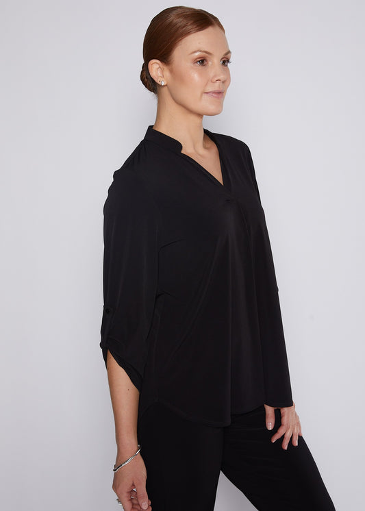 Jersey Nehru Collar V Neck Blouse with Tabbed Sleeves in Black