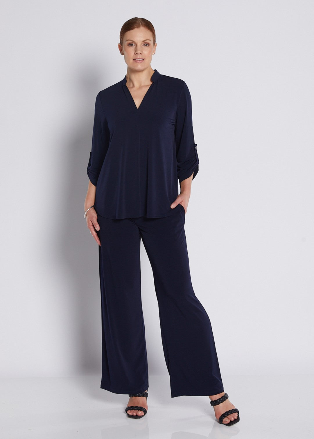 Jersey Nehru Collar V Neck Blouse with Tabbed Sleeves in Navy